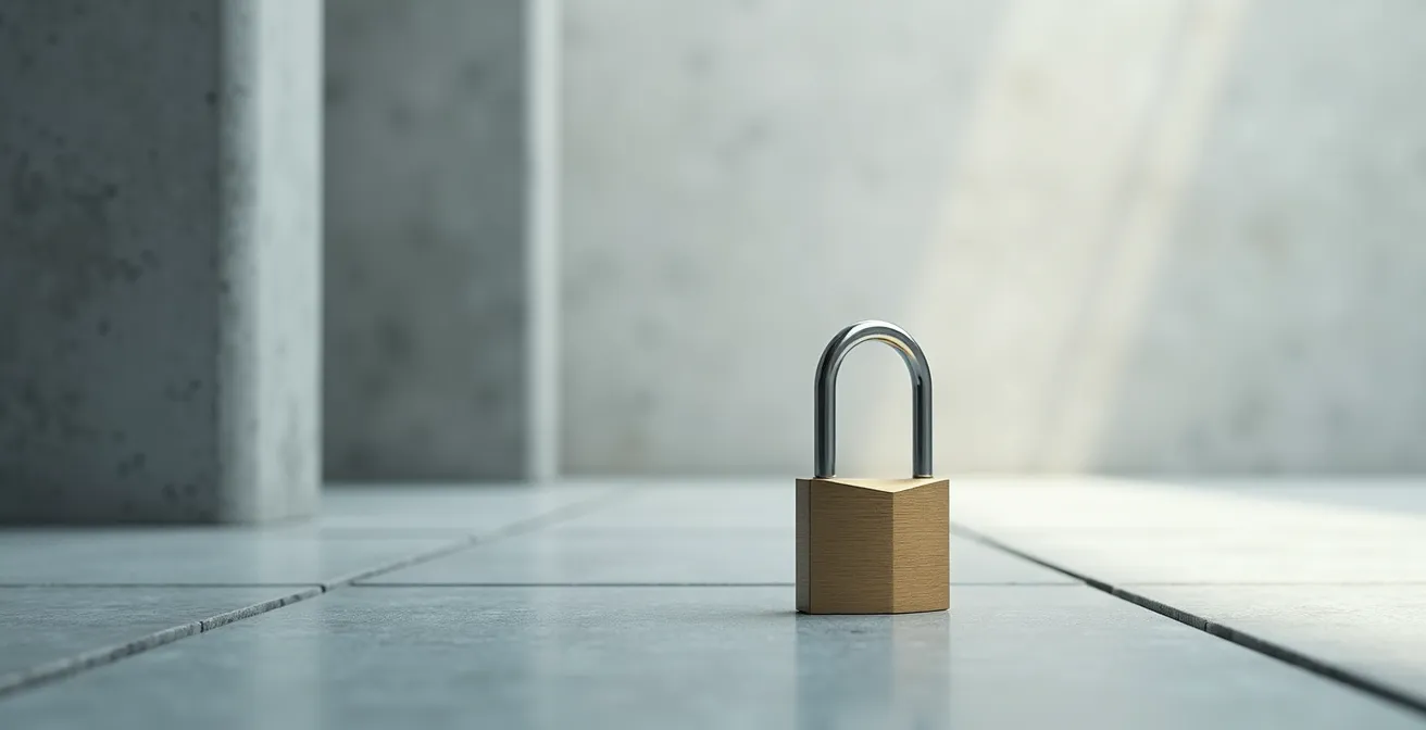 Vue environnementale minimaliste d'un cadenas professionnel posé sur une surface métallique épurée avec éclairage architectural