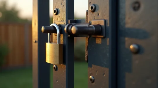 Scène extérieure montrant un portail métallique équipé d'un cadenas haute sécurité, photographiée dans un environnement résidentiel naturel