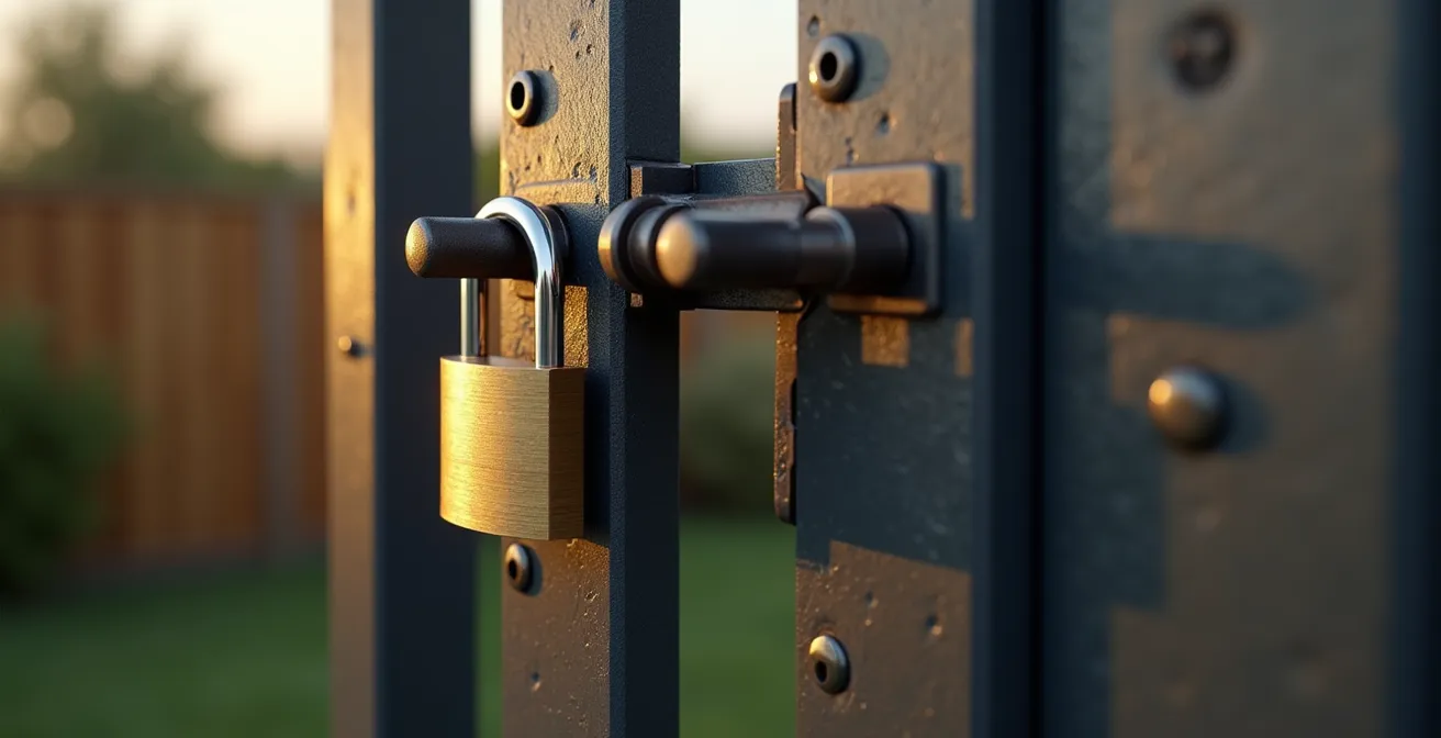 Scène extérieure montrant un portail métallique équipé d'un cadenas haute sécurité, photographiée dans un environnement résidentiel naturel