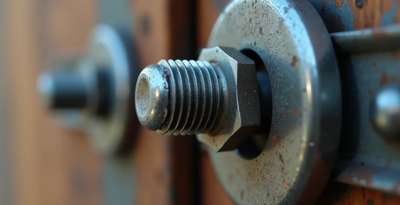 Vue macro détaillée d'un système de fixation de moraillon de portail avec boulons traversants en acier