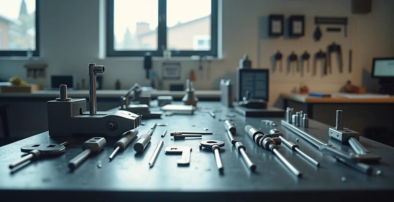 Atelier de serrurier épuré avec outils professionnels organisés