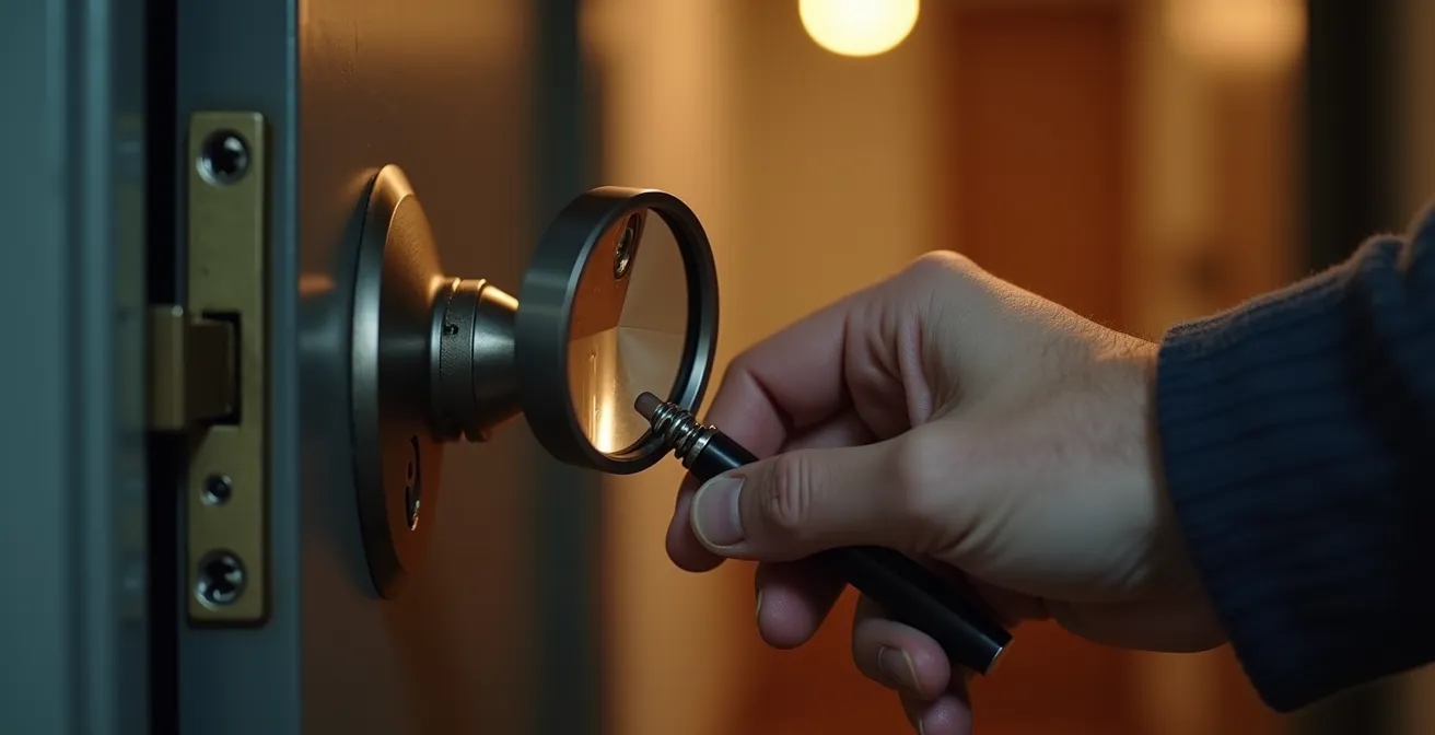 Main d'expert tenant une loupe examinant une serrure avec attention