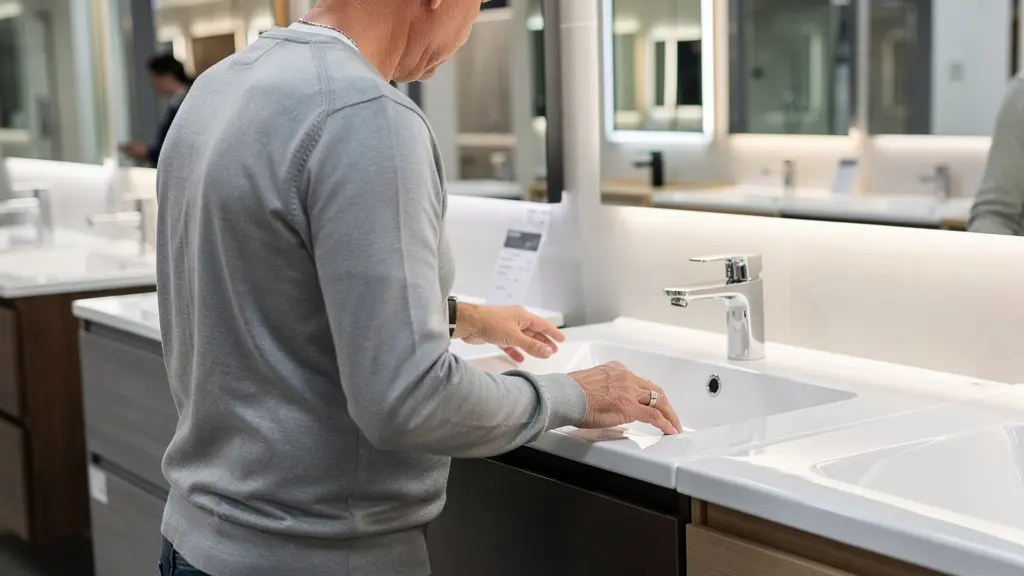 Personne examinant un meuble vasque dans un showroom équipement salle de bain