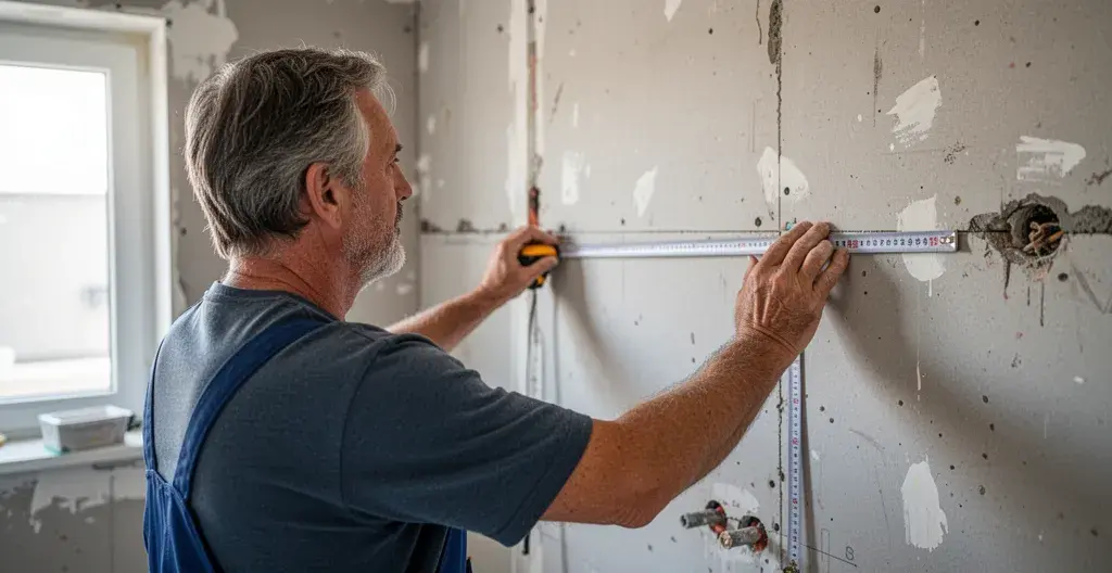 Propriétaire prenant des mesures dans une salle de bain en rénovation