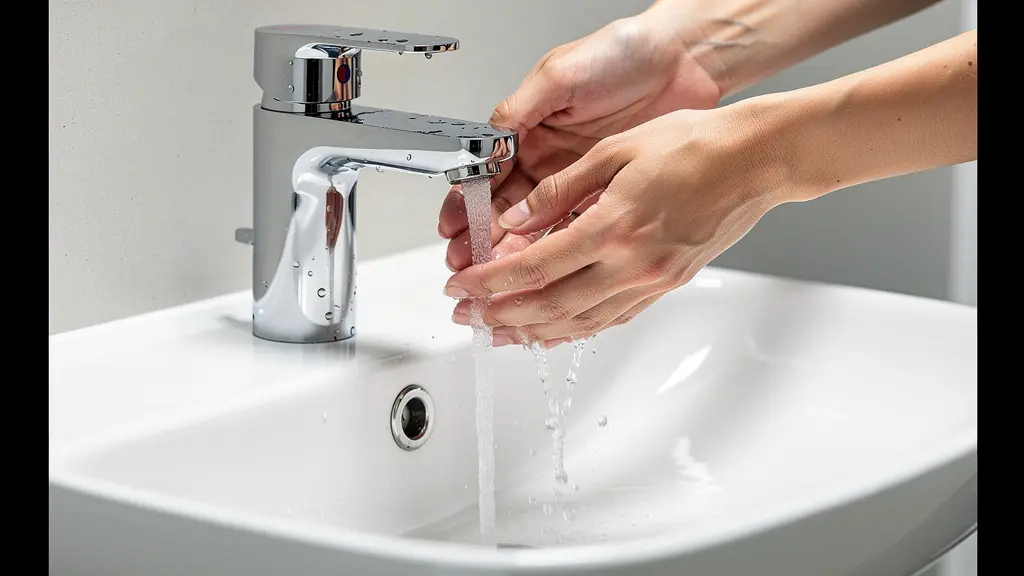 Mitigeur chromé de qualité avec eau coulant sur vasque blanche, équipement salle de bain