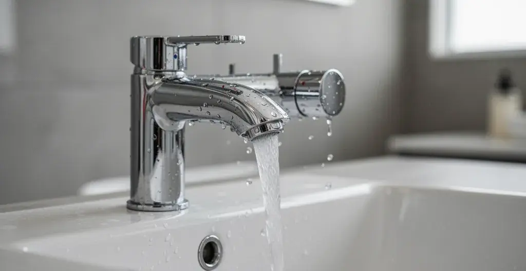 Mitigeur thermostatique chromé installé montrant la qualité de finition