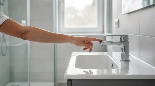 Salle de bain moderne rénovée avec douche, vasque et robinetterie chromée de qualité européenne